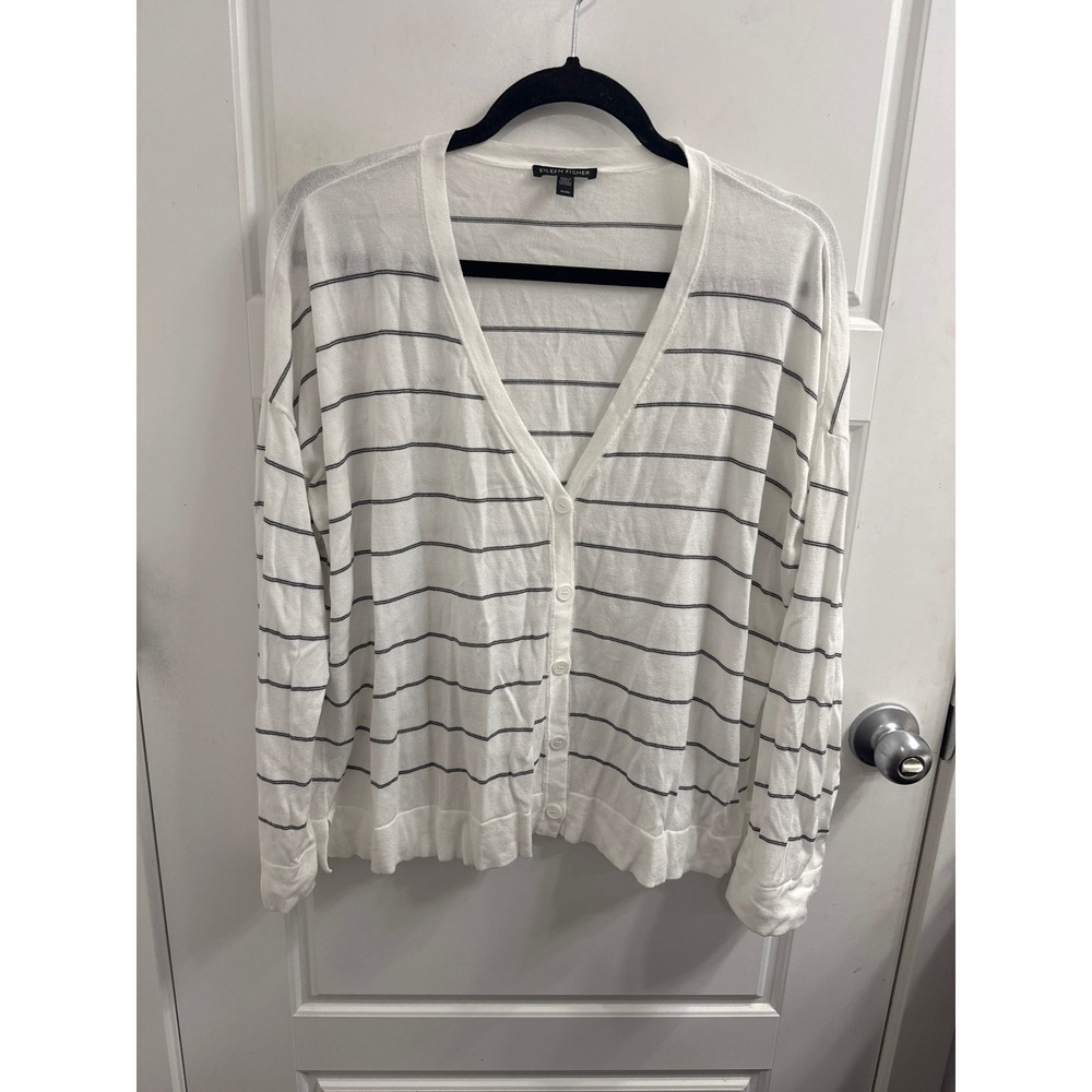 Eileen Fisher White Striped Tencel Lyocell V-Neck Cardigan Sweater Medium